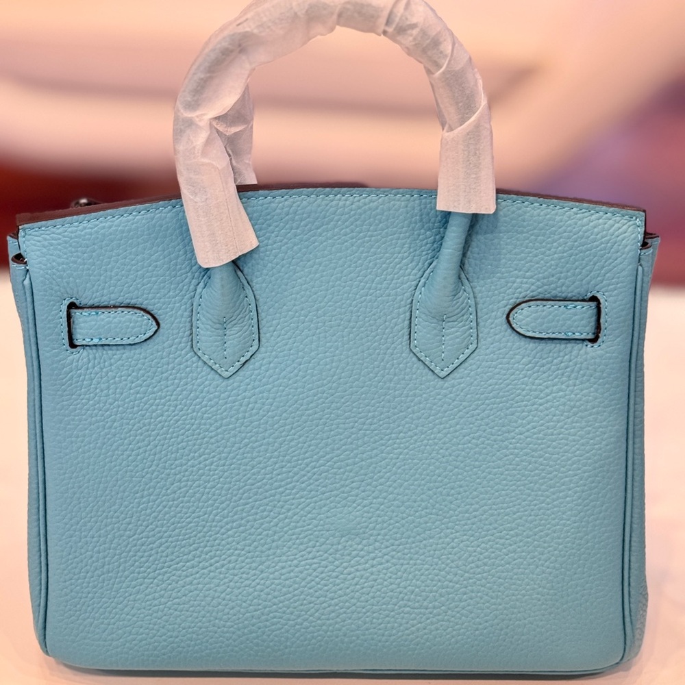 Blue Leather Women's Satchel Belted bag Dual Top Handle w/ Gold HW Cro…